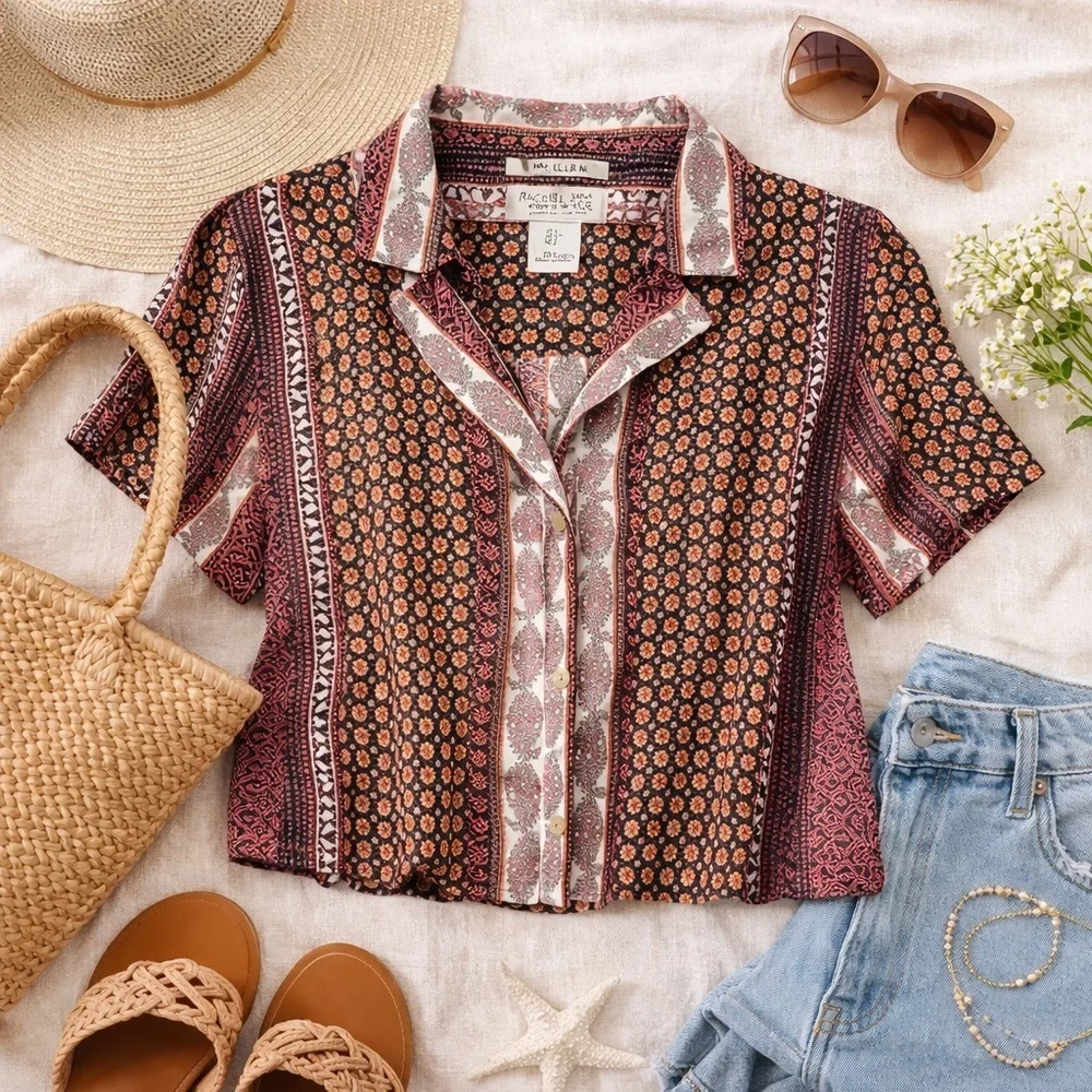 Rachel Zoe | 100% Linen Boho Patchwork Button Down Blouse Top | Size S